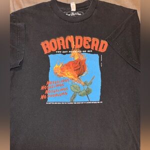 Born Dead Black Graphic T-Shirt with Red and Blue Design